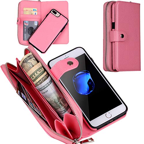 Product Cover iPhone 8 Plus Case, iPhone 7 Plus Case, DRUnKQUEEn Zipper Wallet Type Flip Premium Leather Credit Card Holder Case with Wrist Strap - Detachable Magnetic Back Cover for iPhone 7Plus / iPhone 8Plus