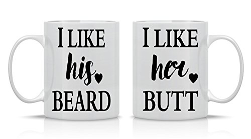 Product Cover I Like His Beard, I Like Her Butt Couples Mug - Funny Couple Mug - (2) 11OZ Coffee Mug - Funny Mug Set - Mugs For boyfriend and Girlfriend and Husband and wife - By AW Fashions