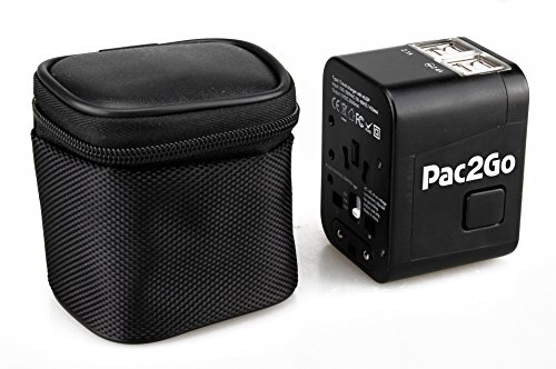 Product Cover Pac2Go Universal Travel Adapter with Quad USB Charger - All-in-One Surge/Spike Protected Electrical Plug with Fast Charging USB Ports, International Power Socket works in 192 Countries - 4XUSB