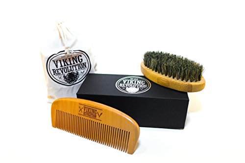 Product Cover Beard Brush and Comb Set for Men - All Natural Boar Bristle and Bamboo Brush and Pear Wood Comb w/ Cotton Travel Pouch and Gift Box by Viking Revolution - Great for Grooming Beards and Mustache