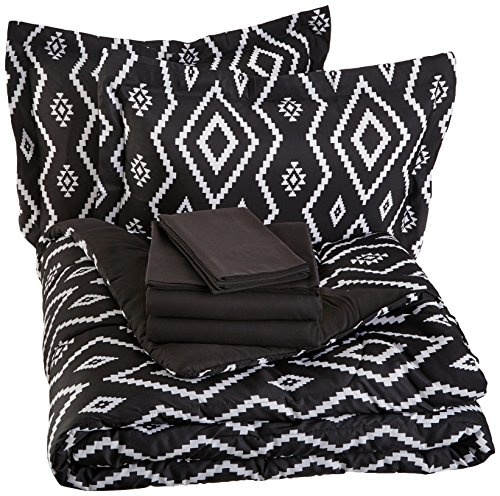 Product Cover AmazonBasics 7-Piece Light-Weight Microfiber Bed-In-A-Bag Comforter Bedding Set - Full or Queen, Black Aztec