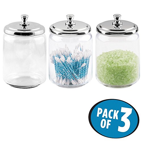 Product Cover Pack of 3 : mDesign Bathroom Vanity Glass Apothecary Jar for Cotton Balls, Swabs, Cosmetic Pads - Pack of 3, Large, Clear/Chrome