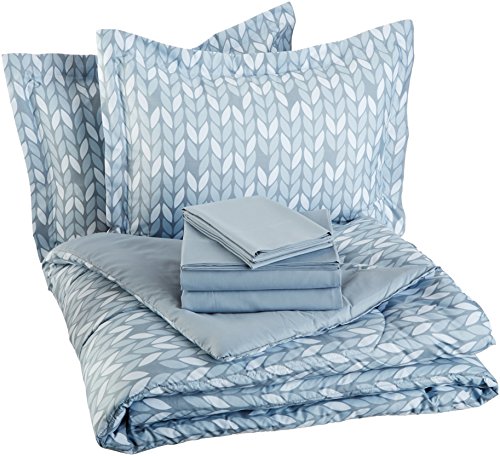 Product Cover AmazonBasics 7-Piece Light-Weight Microfiber Bed-In-A-Bag Comforter Bedding Set - Full or Queen, Grey Leaf