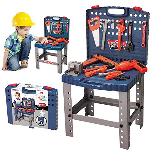 Product Cover 68 Piece Kids Toy Workbench W Realistic Tools and Electric Drill for Construction Workshop Tool Bench, STEM Educational Play, Pretend Play, Birthday Gifts and Toolbox for age 3 - 10 yrs old