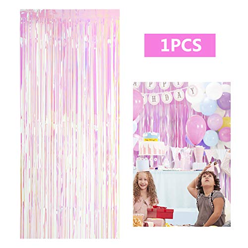 Product Cover YunKo 3' x 6' Metallic Foil Fringe Door Window Curtain Party Birthday Prom Event Decoration Supplies (Transparent Iridescent)