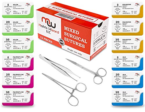 Product Cover New Mixed Sterile Suture Threads with Needle + Training Accessories (Assorted 12 Pack with 3 Tools) for Suture Pads, Practice Suture Kit; Medical, Nursing, Dental, EMT, Medic and Veterinary Students