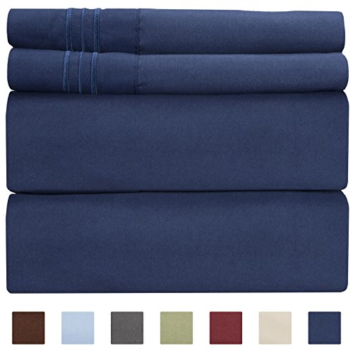 Product Cover Queen Size Sheet Set - 4 Piece - Hotel Luxury Bed Sheets - Extra Soft - Deep Pockets - Easy Fit - Breathable & Cooling - Wrinkle Free Navy Blue Bed Sheets - Queens Royal Sheets - PC