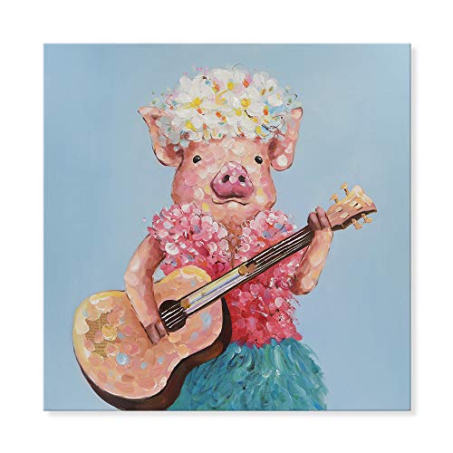 Product Cover SEVEN WALL ARTS--Modern Animal Cute Pig Artwork Hawaiian Pig Plays Guitar Oil Painting for Living Room Bedroom Kids Room Ready to Hang 32 x 32 Inch