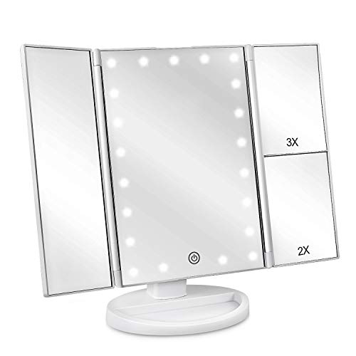 Product Cover deweisn Tri-Fold Lighted Vanity Makeup Mirror with 21 LED Lights, Touch Screen and 3X/2X/1X Magnification Mirror, Two Power Supply Mode Tabletop Makeup Mirror,Travel Cosmetic Mirror (White)