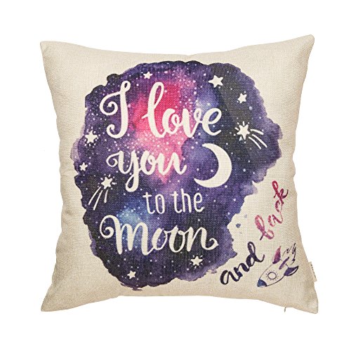 Product Cover Fjfz Cotton Linen Home Decorative Throw Pillow Case Cushion Cover for Sofa Couch Watercolor I Love You to The Moon and Back Lover Gift Decor, Valentine's Day Decoration, Galaxy Star, 18