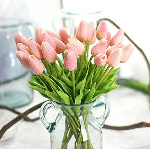Product Cover Supla Artificial Flowers 20 Heads Real Touch Tulips PU Tulips Fake Flowers Arrangement Wedding Bouquets Home Room Office Centerpiece Party Wedding Decor(Pink)(vase not Included.)