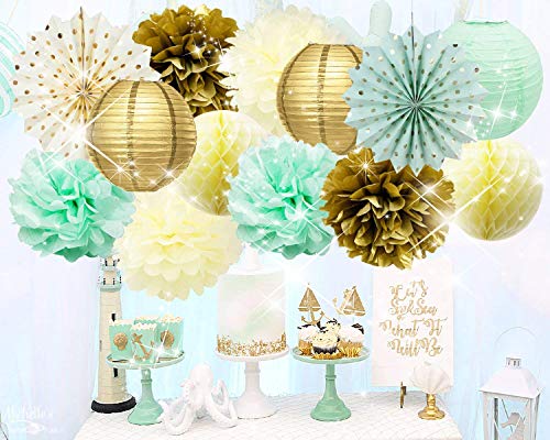 Product Cover Qian's Party Mint Gold Birthday Decorations Mint Cream Gold Polka Dot Paper Fan for Gender Neutral Baby Shower Decor/Trial Baby Shower Decorations Mint Gold First Birthday Bridal Shower Decorations