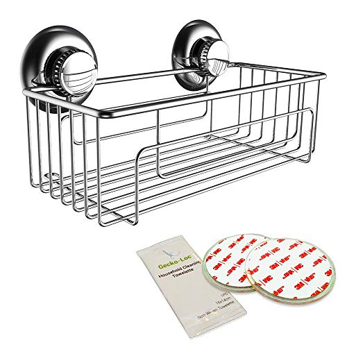 Product Cover Gecko-Loc  Deep Shower Shelf Caddy Storage Basket Shampoo Conditioner Holder w Vacuum Suction Cups No Hooks No Drilling - Sponge Shampoo Conditioner Holder- Stainless Steel - ADHESIVE DISKS INCLUDED
