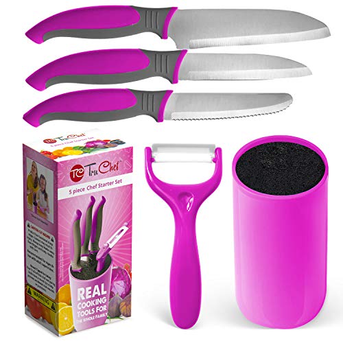 Product Cover Kids Knife Set For Cooking - 5 Piece Kids Cook Set in Pink - Kids Cooking Supplies with Kids Chef Knife, Kids Paring Knife, Kids Peeler, Kids Scissors & Universal Holder - TruChef