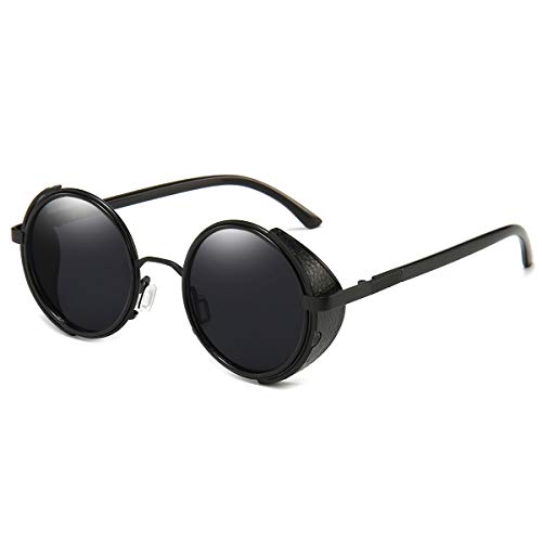 Product Cover Dollger Steampunk Vintage Retro Round Sunglasses Metal Circle Frame (Black Lens+Black Frame,100% UV Protection Lens)