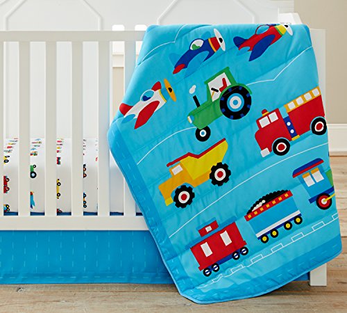 Product Cover Wildkin 3 Piece Crib Bed-in-A-Bag, 100% Microfiber Crib Bedding Set, Includes Comforter, Fitted Sheet, and Crib Skirt, Coordinates with Other Room Décor, Olive Kids Design - Trains, Planes, & Trucks
