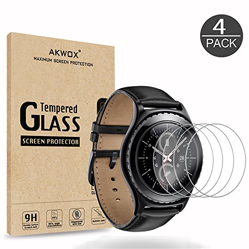 Product Cover AKWOX (4-Pack) Tempered Glass Screen Protector for Gear S2 / Samsung Galaxy Watch (42 mm), [0.3mm 2.5D High Definition 9H] Clear Screen Protector for Samsung Gear S2 Frontier/Classic/Gear Sport
