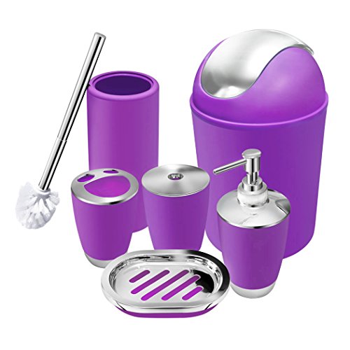 Product Cover 6 Piece Bathroom Accessories Set,Plastic Bath Ensemble Bath Set Lotion Bottles, Toothbrush Holder, Tooth Mug, Soap Dish, Toilet Brush, Trash Can (purple)