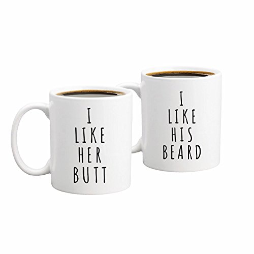 Product Cover I Like His Beard, I Like Her Butt Couples Funny Coffee Mug Set 11oz - Unique Wedding Gift For Bride and Groom - His and Hers Anniversary Present Husband and Wife - Engagement Gifts For Him and Her
