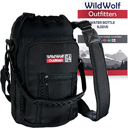 Product Cover Wild Wolf Outfitters - #1 Best Water Bottle Holder for 64 oz Bottles - Carry, Protect and Insulate Your Flask with This Military Grade Carrier w/ 2 Pockets and an Adjustable Padded Shoulder Strap.