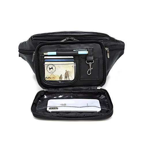 Product Cover Genuine Leather Large 7 Pocket Waist Pack with Organizer, Card Slots (Black)