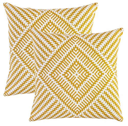 Product Cover TreeWool Decorative Square Throw Pillowcases Set Kaleidoscope Accent 100% Cotton Cushion Cases Pillow Covers (22 x 22 Inches / 55 x 55 cm; Mustard & White) - Pack of 2