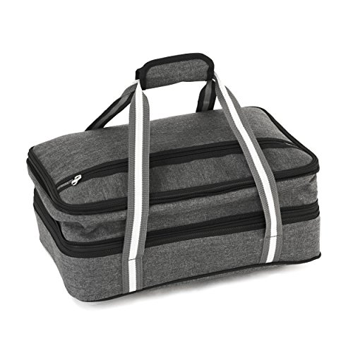 Product Cover Insulated Expandable Double Casserole Carrier and Lasagna Holder for Picnic Potluck Beach Day Trip Camping Hiking - Hot and Cold Thermal Bag in Gray - Tote can hold 11 x 15 or 9 x 13 baking dish