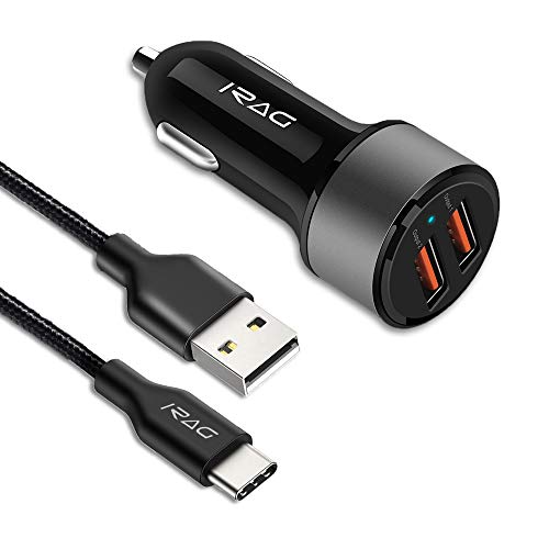 Product Cover iRAG Car Charger for BlackBerry KEY2/LE/KEYone/Dtek60/Motion-36W Quick Charge 3.0 Two-Port USB Adapter with 6ft USB Type C to A Fast Charging Cable Cord