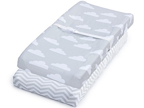 Product Cover Changing Pad Cover, 2 Pack Unisex Clouds/Chevron Design, Fitted Soft Jersey Cotton, Baby Bedding Sheets for Cradle Bassinet, Fits Standard Contour Changing Table Pads