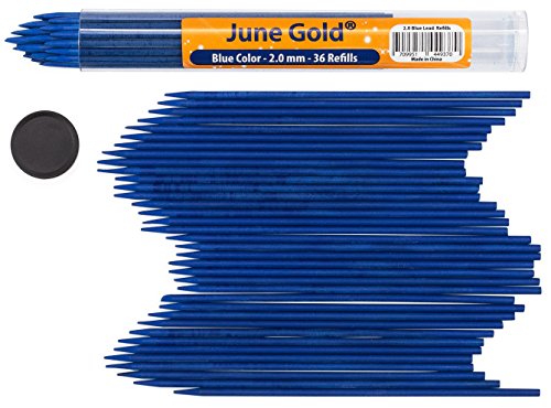 Product Cover June Gold 36 Blue Colored 2.0 mm Lead Refills, Bold Thickness for Heavy Use, Break Resistant with a Convenient Dispenser