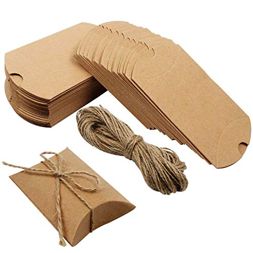 Product Cover Outuxed 100pcs Kraft Paper Pillow Candy Box for Wedding Party Favor with 100pcs Jute Twine