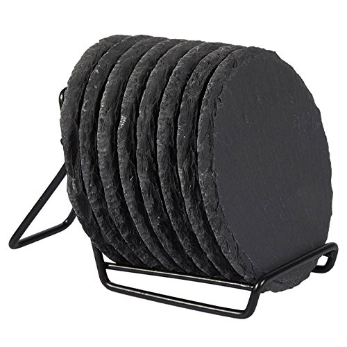 Product Cover 8-Pack Slate Stone Coasters Set with Steel Stand - Round Black Natural Edge Stone Drink Coasters for Bar and Home - 3.8 Inches in Diameter