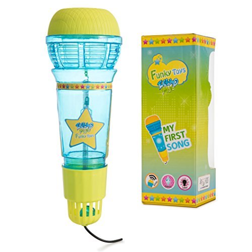 Product Cover Echo Mic For Kids & Toddlers By Funky Toys - Magic Microphone Toy With Multicolored Flashing Light & Fun Rattle - Translucent Blue & Yellow - Great Gift For Boys & Girls Who Love Singing & Music