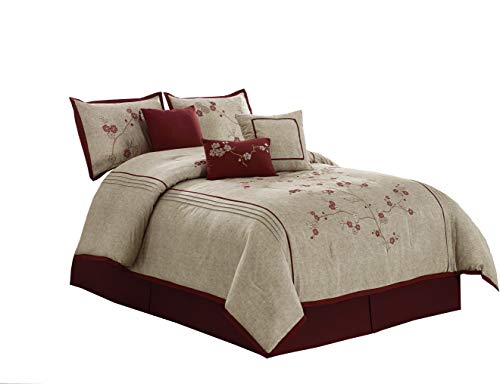 Product Cover Chezmoi Collection Miki Luxury 7-Piece Red Cherry Blossoms Floral Embroidery Bedding Comforter Set (King, 108