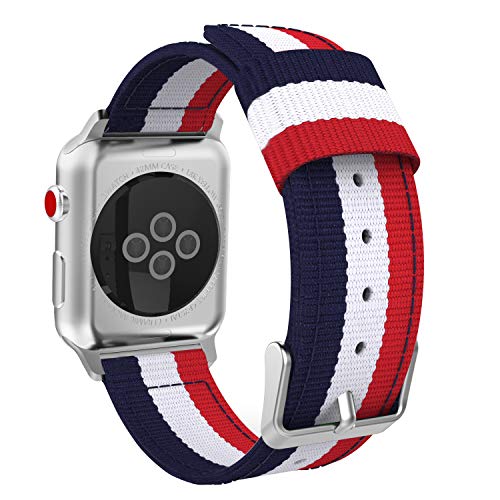 Product Cover MoKo Compatible for Apple Watch Band, Fine Woven Nylon Adjustable Replacement Band Sport Strap Fit iWatch 42mm 44mm Series 5/4/3/2/1, Blue & White & Red (Not fit 38mm 40mm Versions)