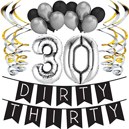 Product Cover Sterling James Co. Dirty Thirty - 30th Birthday Party Pack - Black & Silver Happy Birthday Bunting, Poms, and Swirls Pack- Birthday Decorations - 30th Birthday Party Supplies