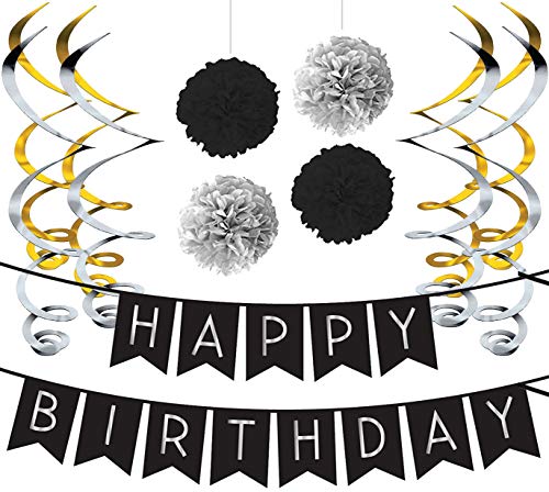 Product Cover Sterling James Co. Birthday Party Pack - Black & Silver Happy Birthday Bunting, Poms, and Swirls Pack- Birthday Decorations - 21st - 30th - 40th - 50th Birthday Party Supplies
