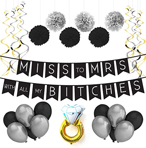 Product Cover Sterling James Co. Miss to Mrs Classy & Sassy Bachelorette Black & Silver Party Pack - Bachelorette Party Decorations, Favors and Supplies