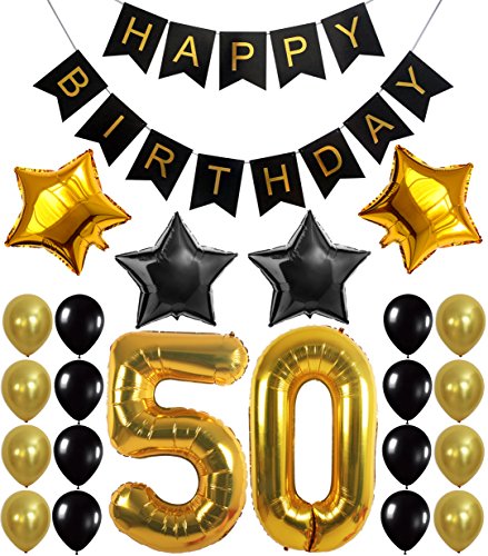 Product Cover Gold 50th Birthday Decorations Kit - Large, Pack of 26 | Number 5 and 0 Party Balloons Supplies | Black Happy Birthday Banner | Perfect for 50 Years Old Décor