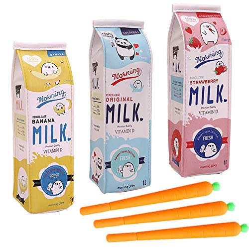 Product Cover Kawaii Set of 3 Milk Carton Pencil Cases Cosmetic Bag + 3 Carrot Gel Ink Pens