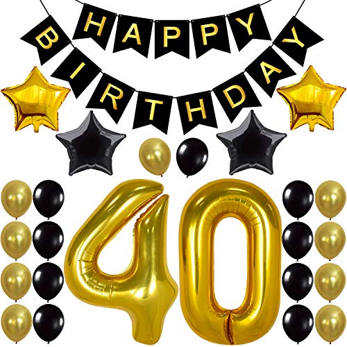 Product Cover KATCHON 1 11 Decorations Happy Birthday Banner, 40th Balloons,Gold and Black, Number, Perfect 40 Years Old Par, M