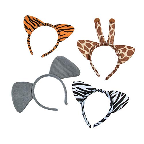 Product Cover Set of 12(3 of each) Plush Zoo Animal Jungle Headbands w Ears Zebra Giraffe Elephant Tiger