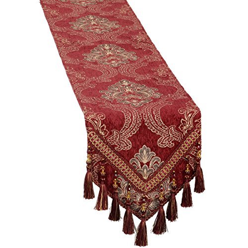 Product Cover 12*72 inch , Burgundy : Burgundy Modern Luxury Jacquard Fabric Floral Table Runners And Dresser Scarves With Multi-tassels, Customer Order (12x72 inch)