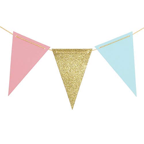 Product Cover Ling's moment Paper Pennant Banner Triangle GarlandGlitter Gold Pink Blue Flag Banner for Gender Reveal, Wedding, Baby Nursery, Bridal Shower, Birthday, Event & Party Supplies, 15pcs