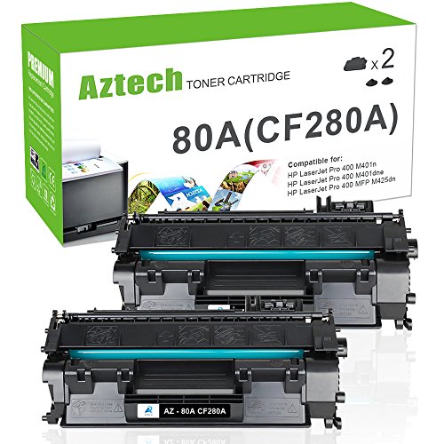 Product Cover Aztech Compatible Toner Cartridge Replacement for HP Laserjet 80A CF280A 80X CF280X Laserjet Pro 400 M401A M401D M401N M401DNE MFP M425DN (Black, 2-Pack)