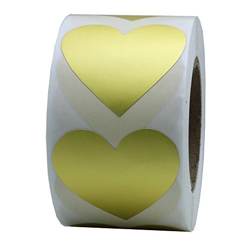 Product Cover Hybsk Gold Love Heart Stickers 1.5 Inch Adhesive Label 500 Per Roll (1 Roll)