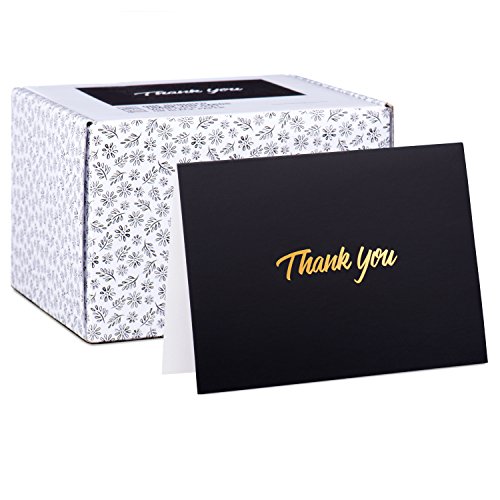 Product Cover 100 Thank You Cards - Black Bulk Note Cards with Gold Foil Embossed Letters - Perfect for Your Wedding, Baby Shower, Business, Graduation, Bridal Shower, Birthday, Engagement