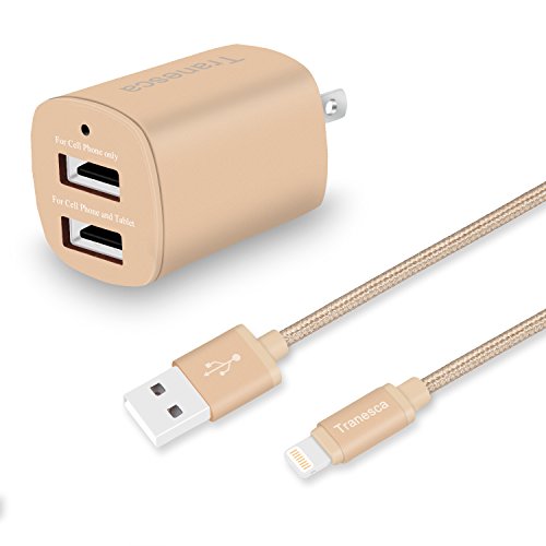 Product Cover Tranesca Compatible Dual USB Wall Charger with 6ft MFI Lighting Charging Cable for iPhone X,iPhone 8/8 Plus/iPhone 7/7 Plus/iPhone 6/iPad/iPad Pro and More (Gold)