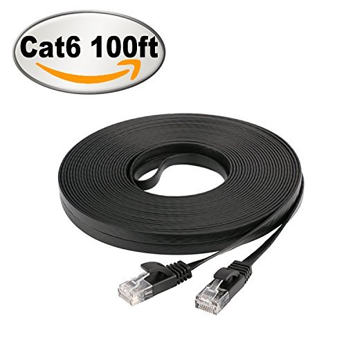 Product Cover NCElec Weatherproof Flat Cat 6 (Cat6) Ethernet Cable, RJ45 Connector, 32AWG, Up to 1.0 Gbps and 250 MHz (100Ft, Black)