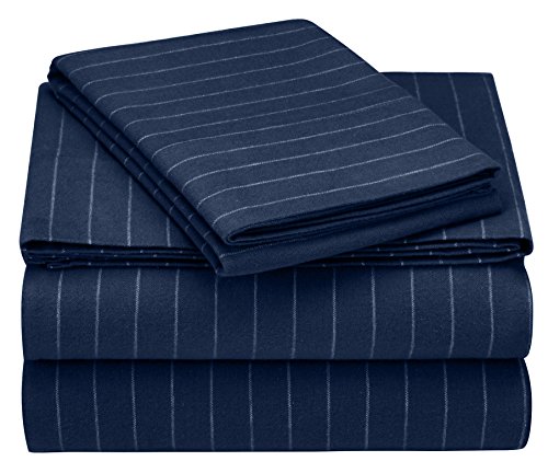 Product Cover Pinzon 160 Gram Pinstripe Flannel Cotton Bed Sheet Set, Twin, Navy Pinstripe